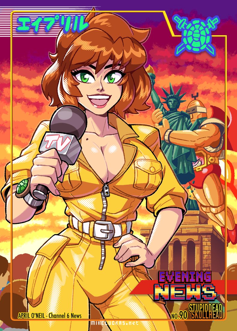 1girl april_o&#039;neil belt breasts brown_hair cleavage datskelebutt female_focus green_eyes hand_on_own_hip large_breasts lips microphone mike_luckas mole mole_on_breast open_mouth robot smile statue statue_of_liberty sunset teenage_mutant_ninja_turtles teeth upper_teeth_only zipper