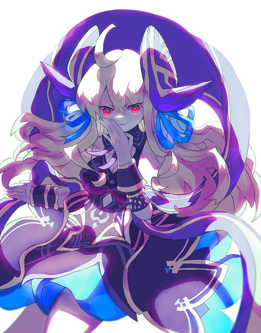 1girl ahoge alternate_costume bad_id bad_twitter_id blonde_hair breasts cleavage cleavage_cutout clothing_cutout corrupted corruption cygames dark_persona dragalia_lost dress evil_grin evil_smile glowing glowing_eyes grin hair_ribbon long_hair meiiibee morsayati nintendo official_alternate_costume possessed possession red_eyes ribbon smile smug white_background zethia