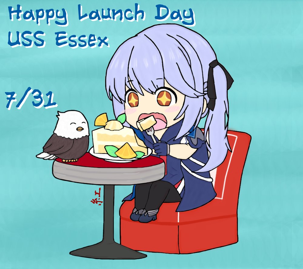 +_+ 1girl animal azur_lane bird blue_background blue_footwear blue_gloves cake cake_slice chair dated eagle eating essex_(azur_lane) fingerless_gloves food fork fruit gloves hair_ornament july lemon lemon_slice long_hair plate purple_hair shoes sitting table twintails voidsoul13