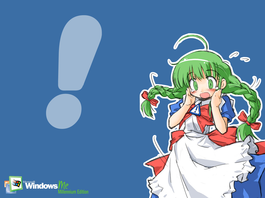 ! 1girl ahoge apron blue_background blush bow braid female_focus green_eyes green_hair hair_bow hands_on_own_cheeks hands_on_own_face long_hair maid maid_apron matching_hair/eyes me-tan microsoft microsoft_windows os-tan outline short_sleeves simple_background solo surprised twin_braids windows_classic windows_me
