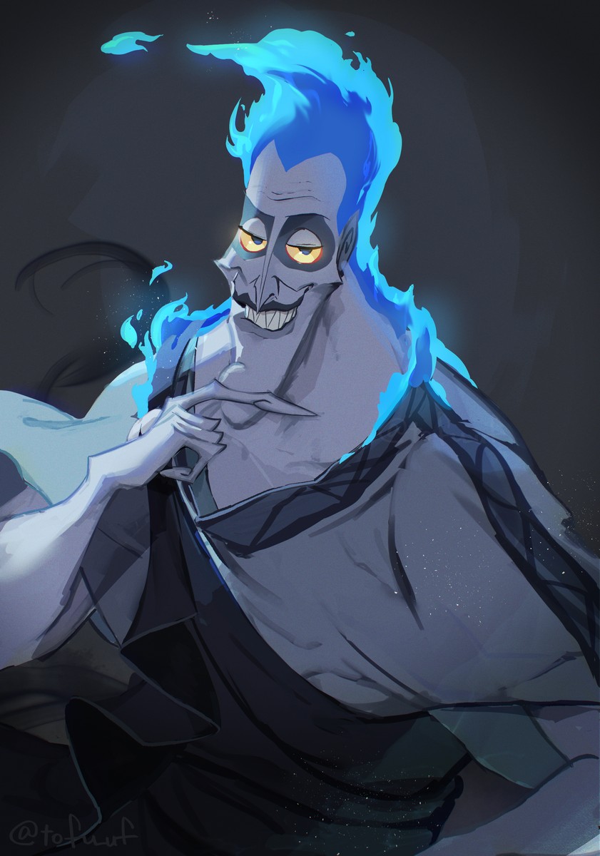 1boy blue_hair colored_sclera colored_skin evil_grin evil_smile fiery_hair fire grin hades_(disney) hercules_(1997_film) highres looking_at_viewer mameda_toofu robe short_hair simple_background smile tagme teeth yellow_sclera