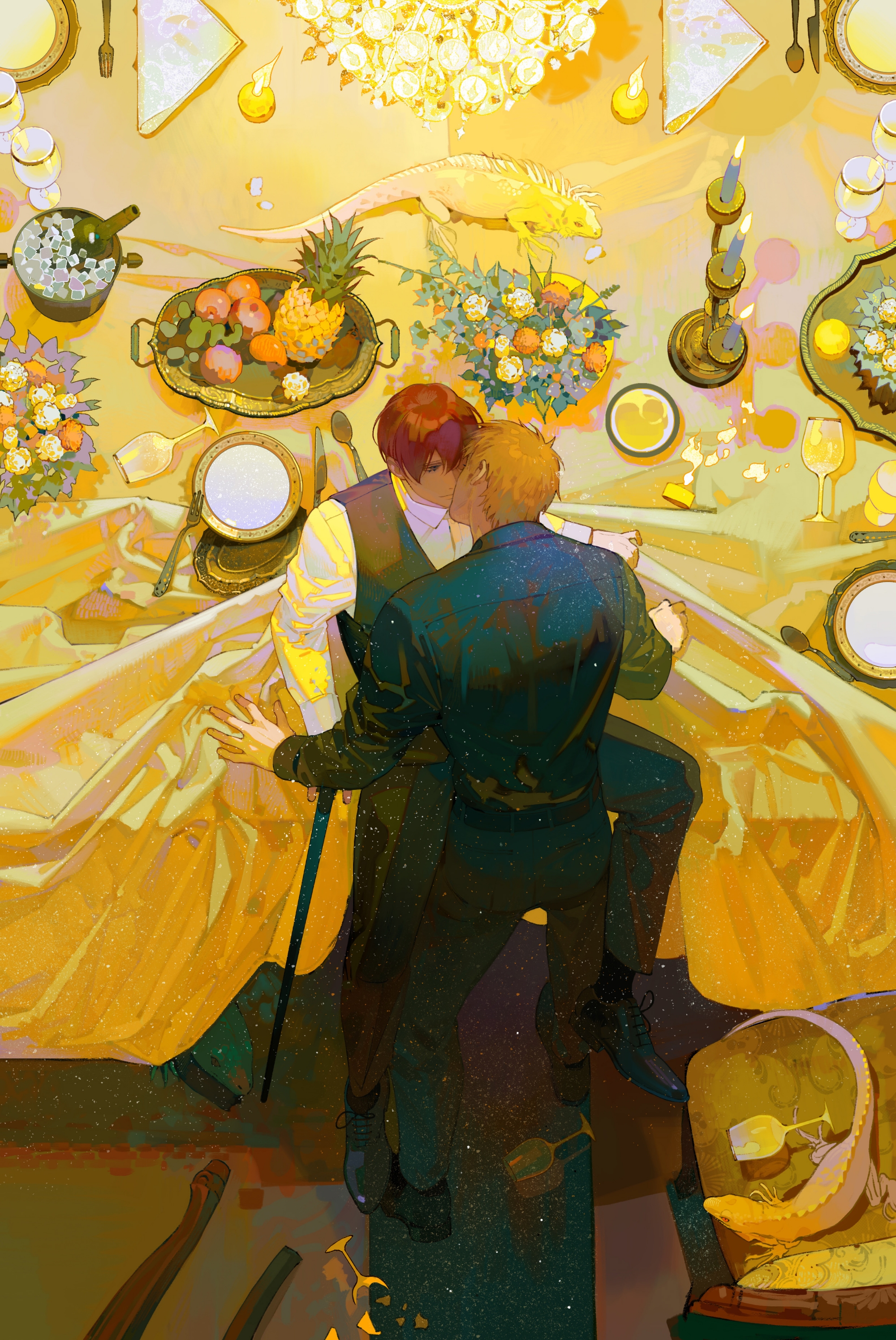 2boys absurdres against_table between_legs black_footwear black_jacket black_vest blonde_hair candle collared_shirt commentary cup cutlery english_commentary food fork from_above from_behind fruit highres iguana jacket knife leaning_forward lizard long_sleeves male_focus multiple_boys original pineapple plate red_hair shadow shirt shoes short_hair sitting sitting_on_table spill spoon table tray vest white_shirt wide_shot xiaoquandianer yaoi yellow_theme