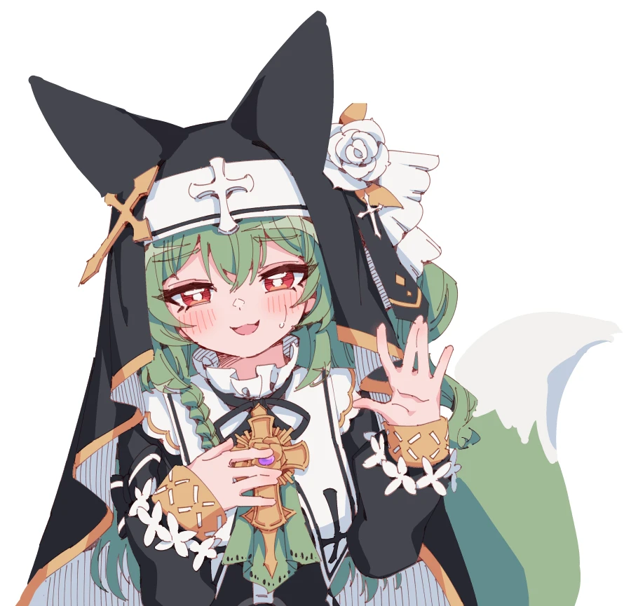 1girl animal_ears artist_request blush book braid commission cross cuffs flower fox_ears fox_tail green_hair green_tail hair_between_eyes hands_up huanxiang_koudai_meow long_hair long_sleeves nun original puffy_long_sleeves puffy_sleeves red_eyes rune_(dualhart) second-party_source shackles shy simple_background sitting solo sweatdrop tail thigh_strap transparent_background upper_body veil waving white_flower