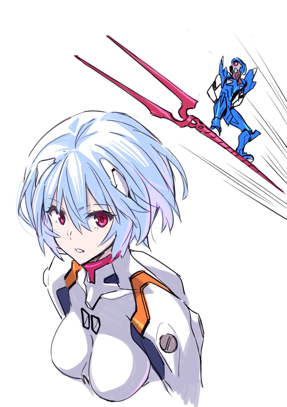 1girl ayanami_rei blue_hair bodysuit breasts dragon_ball dragon_ball_(classic) eva_00 evangelion_(mecha) flying hair_between_eyes highres lance_of_longinus_(evangelion) looking_at_viewer mecha mecha_pilot_suit medium_breasts neon_genesis_evangelion one-eyed parody plugsuit_(evangelion) red_eyes robot science_fiction short_hair simple_background sky_surfing suzutsuki_kurara weapon white_background white_bodysuit
