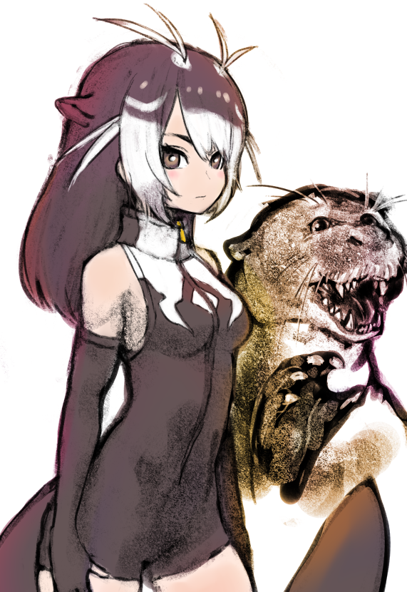 1girl animal animal_ears bare_shoulders black_hair elbow_gloves extra_ears giant_otter_(kemono_friends) gloves ise_(0425) kemono_friends long_hair multicolored_hair otter otter_ears otter_girl otter_tail simple_background sweater tail turtleneck turtleneck_sweater two-tone_hair white_hair zipper