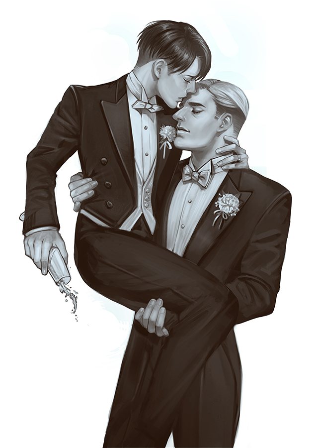 2boys arm_around_neck bow bowtie buttons carrying carrying_person closed_eyes closed_mouth commentary couple cup dress_shirt drinking_glass english_commentary erwin_smith feet_out_of_frame flower formal_clothes greyscale hand_on_another&#039;s_neck holding holding_cup jacket jewelry kiss kissing_forehead lapels layered_sleeves levi_(shingeki_no_kyojin) liquid long_sleeves male_focus mistermagnolia monochrome multiple_boys open_clothes open_jacket ring shingeki_no_kyojin shirt short_hair sideburns simple_background standing suit suit_jacket vest white_background wine_glass yaoi