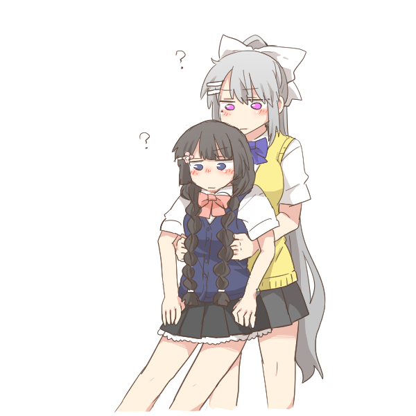 2girls ? black_skirt blue_eyes blush_stickers bow braid cardigan_vest closed_mouth collared_shirt grey_hair grey_skirt hair_between_eyes hair_bow hair_ornament hair_over_shoulder hairclip higuchi_kaede higuchi_kaede_(3rd_costume) long_hair low_twintails mole mole_under_eye multiple_girls nijisanji pleated_skirt ponytail purple_eyes rebecca_(keinelove) school_uniform shirt short_sleeves skirt sweater_vest tsukino_mito tsukino_mito_(summer_uniform) twin_braids twintails very_long_hair virtual_youtuber white_bow white_shirt