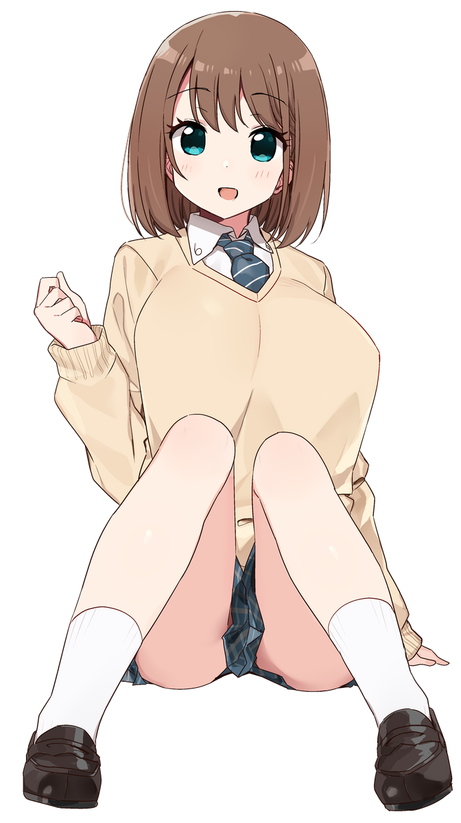 1girl :d ass black_shoes blue_necktie blue_skirt breasts brown_hair brown_sweater cardigan clenched_hands collared_shirt cup_size diagonal-striped_clothes diagonal-striped_necktie green_eyes hand_up highres large_breasts loafers long_sleeves medium_hair miniskirt necktie open_mouth pleated_skirt reclining saki_(manga) school_uniform shirt shisoneri shoes sitting skirt smile socks solo striped_clothes striped_necktie sweater tented_shirt unozawa_shiori white_shirt white_socks yellow_cardigan