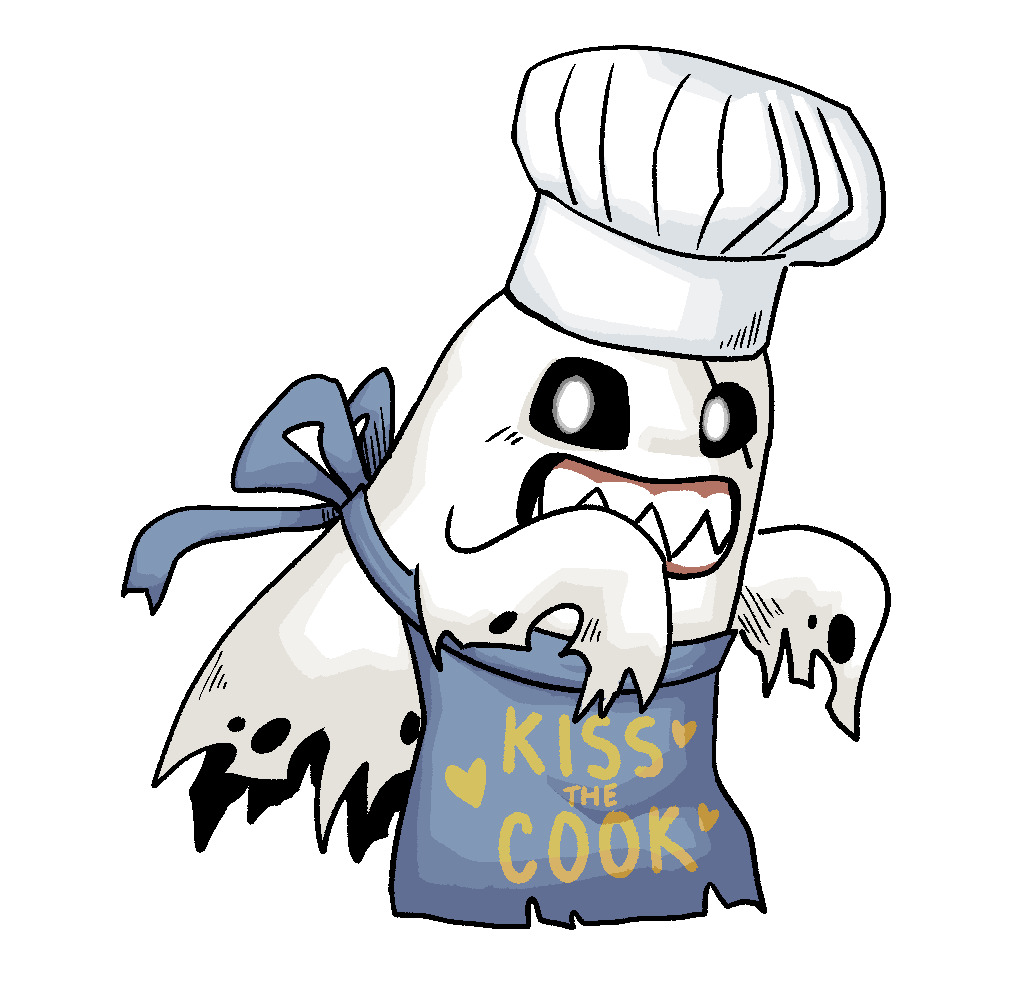 apron bakemon digimon digimon_(creature) looking_at_viewer sharp_teeth simple_background solo teeth white_background