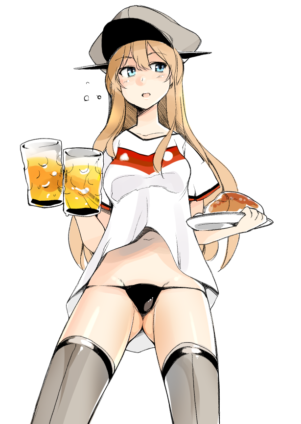 10s 1girl 2014_fifa_world_cup alcohol alternate_costume bad_id bad_pixiv_id beer bismarck_(kancolle) black_panties blonde_hair blue_eyes female_focus food germany grey_thighhighs hat kantai_collection long_hair lowleg lowleg_panties navel no_pants panties peaked_cap shirt soccer soccer_uniform solo sportswear t-shirt thighhighs thong topo_(bacchustab) topo_bevitore underwear white_background world_cup