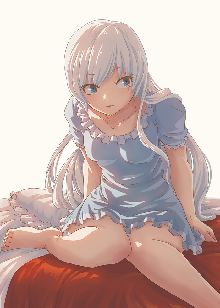 1girl barefoot bed blue_dress blue_eyes blue_nightgown breasts collarbone dress frills hair_down long_hair moai_(moai_world) nightgown on_bed pajamas parted_lips pillow rwby scar scar_across_eye scar_on_face sitting small_breasts solo very_long_hair weiss_schnee white_hair