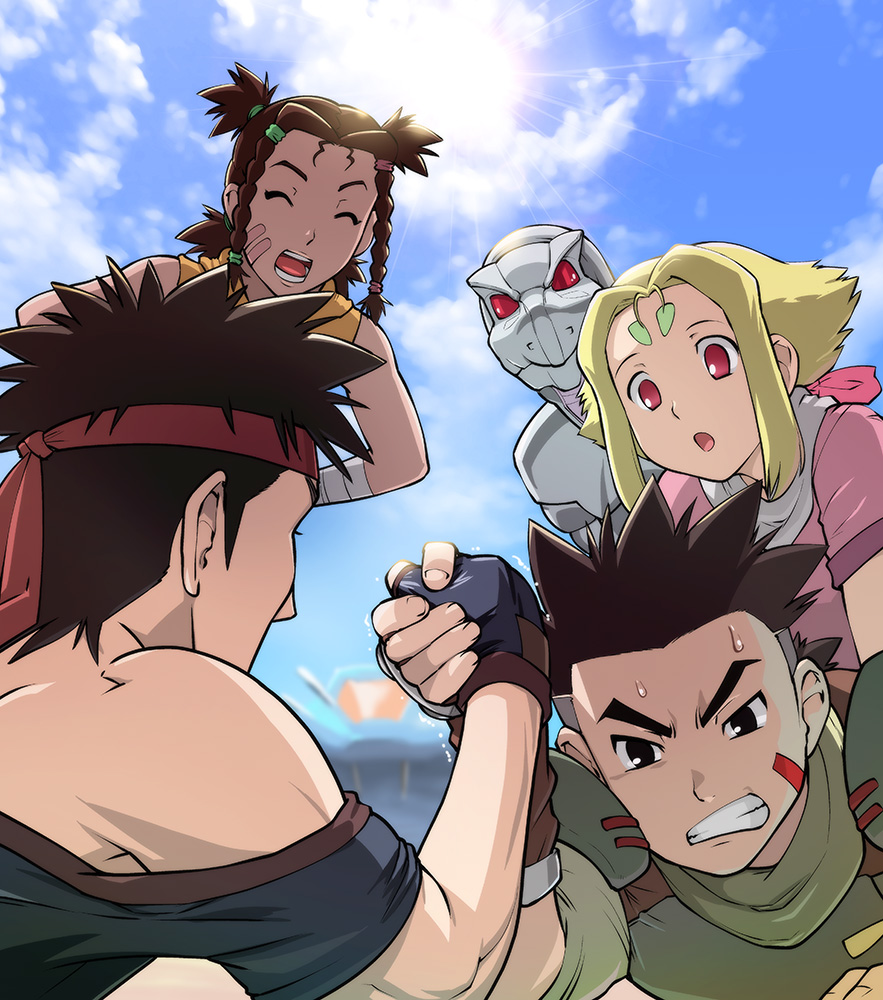 2boys 2girls arm_wrestling black_eyes black_hair blade_liger blonde_hair blue_sky braid brown_hair clenched_teeth cloud dark_skin day facial_mark fingerless_gloves fiona_(zoids) forehead_mark gloves hands_on_own_hips headband irvine leaning_forward looking_down mecha moonbay multiple_boys multiple_girls open_mouth quad_tails robot sky sweat teeth twin_braids ueyama_michirou van_flyheight zeke_(zoids) zoids zoids_chaotic_century