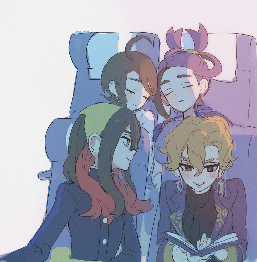 1boy 3girls ahoge black_hair blonde_hair blush book briar_(pokemon) bright_pupils brown_eyes brown_hair buttons carmine_(pokemon) closed_eyes closed_mouth commentary_request earrings hair_between_eyes hairband holding holding_book jacket jewelry juliana_(pokemon) kieran_(pokemon) multicolored_hair multiple_girls mxkjxm_(nhss2337) nintendo pokemon pokemon_sv purple_hair purple_jacket reading red_hair ribbed_sweater shirt short_hair sidelocks sleeping smile sweater sweater_under_jacket two-tone_hair white_shirt yellow_hairband