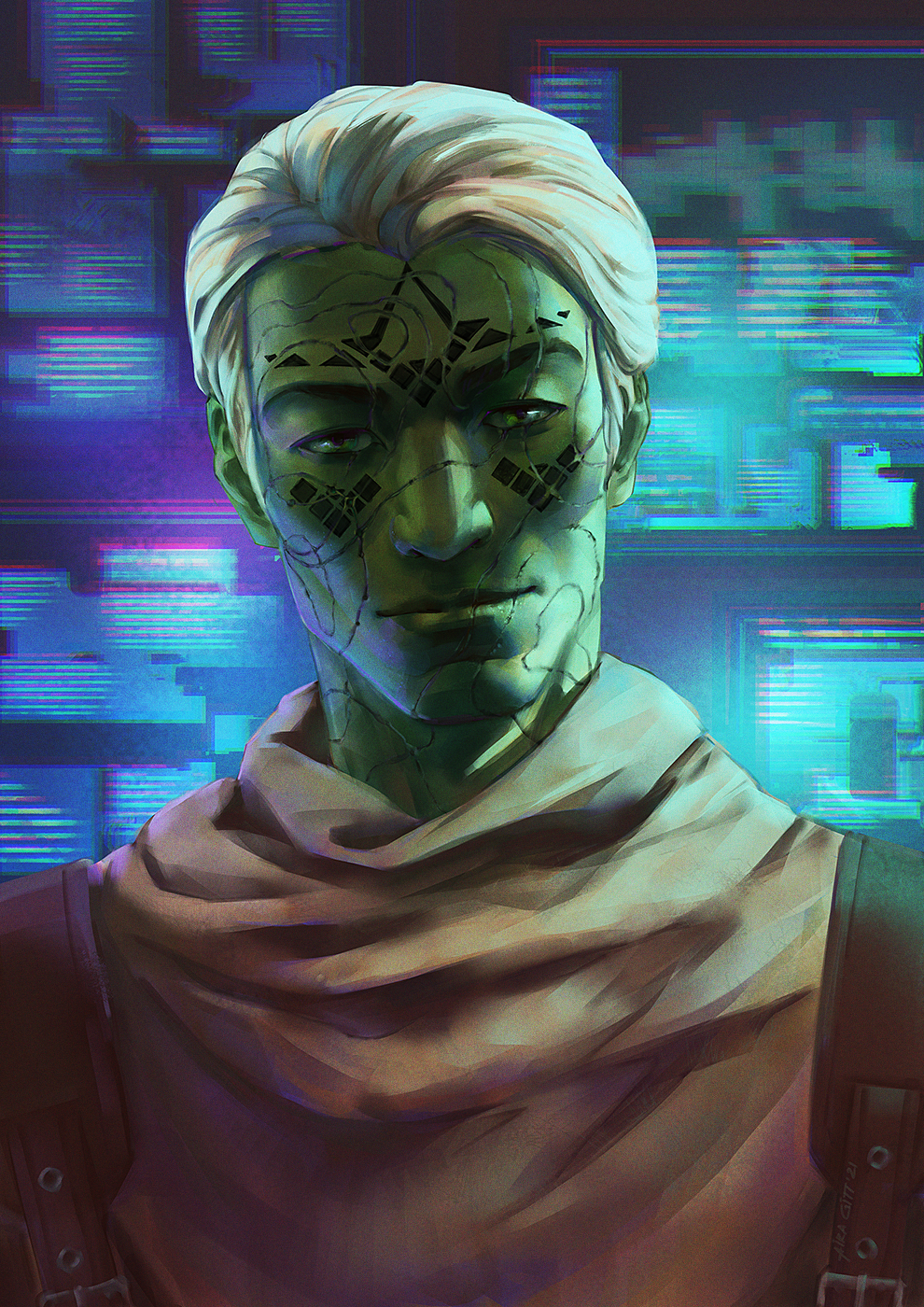 1boy airagitt alien blonde_hair colored_skin facial_mark green_eyes green_skin highres looking_at_viewer mirialan portrait solo star_wars star_wars:_the_old_republic