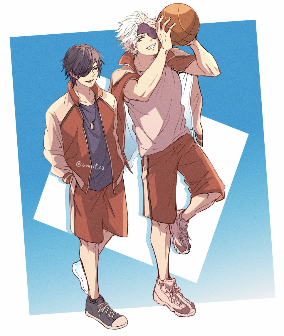 2boys :d ball basketball_(object) black_hair blue_shirt chousokabe_motochika_(sengoku_basara) date_masamune_(sengoku_basara) eye_contact eyepatch full_body gakuen_basara grin gym_shorts gym_uniform hands_in_pockets holding holding_ball jacket jacket_on_shoulders looking_at_another male_focus multiple_boys open_mouth sengoku_basara shirt shoes short_hair shorts smile sneakers track_jacket twitter_username umi_no_fuji white_hair white_shirt