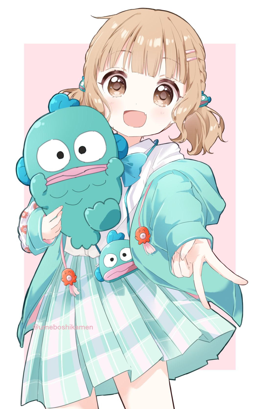 1girl aqua_jacket aqua_skirt blue_bow blue_bowtie blush border bow bowtie braid brown_eyes character_doll collared_shirt doll fang hair_ornament hairclip hangyodon highres holding holding_doll jacket light_brown_hair long_sleeves looking_at_viewer mearian oomuro-ke oomuro_sakurako open_mouth parallel_hairclips pink_background pink_skirt plaid_clothes plaid_skirt pleated_skirt pouch puffy_long_sleeves puffy_sleeves sanrio shirt skin_fang skirt smile solo tassel twintails v white_border white_shirt yuruyuri