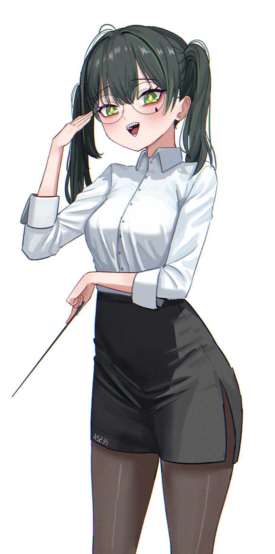 +_+ 1girl a5235 adjusting_eyewear artist_name belt black_belt black_hair black_shorts breasts collared_shirt death_hammer_chouloky dress_shirt glasses green_eyes green_hair high-waist_shorts highres long_hair long_sleeves looking_at_viewer medium_breasts multicolored_hair open_mouth pantyhose pantyhose_under_shorts pointer sharp_teeth shirt short_shorts shorts side_slit simple_background sleeves_rolled_up solo streaked_hair teacher teardrop_facial_mark teeth twintails virtual_youtuber waktaverse white_background white_shirt wing_collar