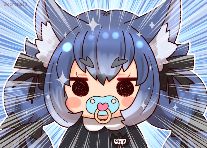 1girl animal_ears black_ribbon black_skirt blue_background blue_hair blush coroha dire_wolf_(kemono_friends) emphasis_lines extra_ears kemono_friends kemono_friends_v_project long_hair looking_at_viewer pacifier ribbon shirt simple_background skirt solo twintails upper_body virtual_youtuber wolf_ears wolf_girl