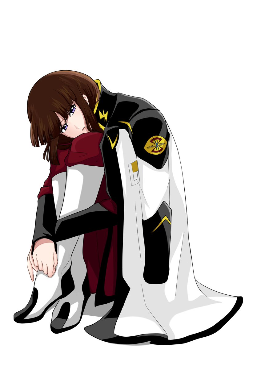 1girl brown_hair clothes_over_shoulder fetal_position gundam gundam_seed gundam_seed_freedom hugging_own_legs knees_to_chest knees_up long_hair looking_at_viewer mikami_xsx military military_uniform open_mouth purple_eyes red_uniform shiho_hahnenfuss shoes sitting solo white_shoes white_uniform zaft_uniform