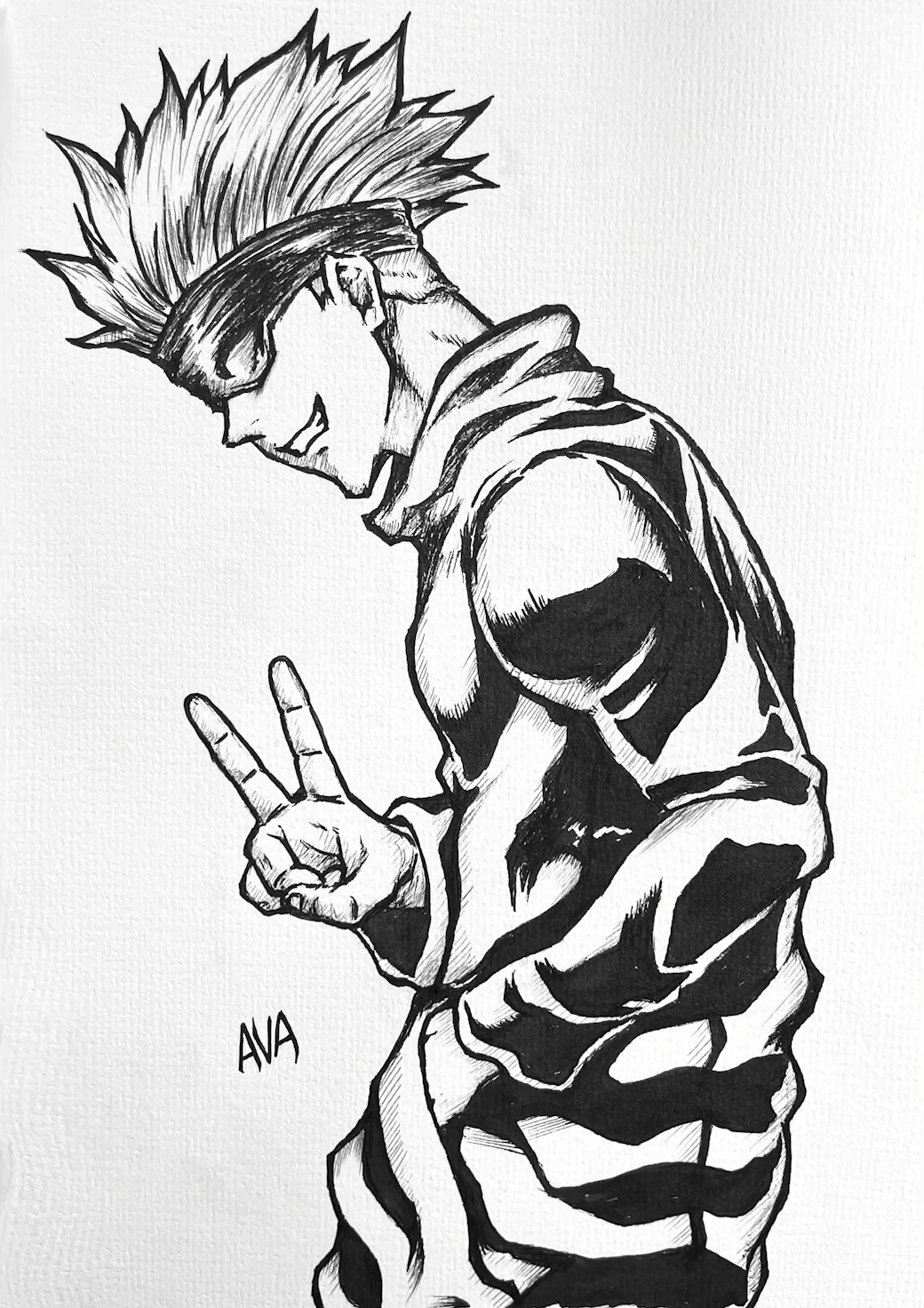 1boy blindfold commentary draw_with_aid english_commentary from_side gojou_satoru greyscale grin hand_in_pocket highres jujutsu_kaisen making-of_available male_focus millipen_(medium) monochrome pen_(medium) simple_background smile solo traditional_media upper_body v video_crop