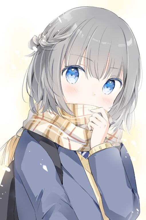 1girl backpack bag blazer blue_eyes blue_jacket braid commentary_request diagonal-striped_clothes diagonal-striped_necktie grey_hair hair_between_eyes jacket looking_at_viewer necktie original plaid_clothes plaid_scarf scarf school_uniform solo striped_clothes sweater upper_body wataame27 yellow_sweater