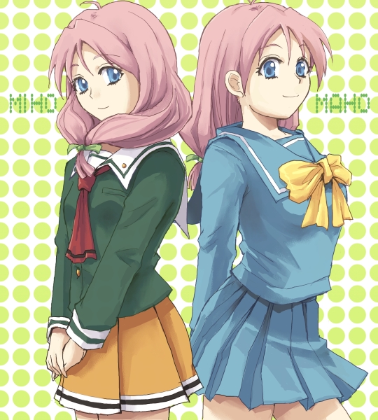 2girls blue_eyes blue_skirt character_name front_ponytail green_shirt long_hair low-tied_long_hair multiple_girls orange_skirt pink_hair sa-kuma school_uniform serafuku shirayuki_maho shirayuki_miho shirt siblings sisters skirt tokimeki_memorial tokimeki_memorial_2 twins