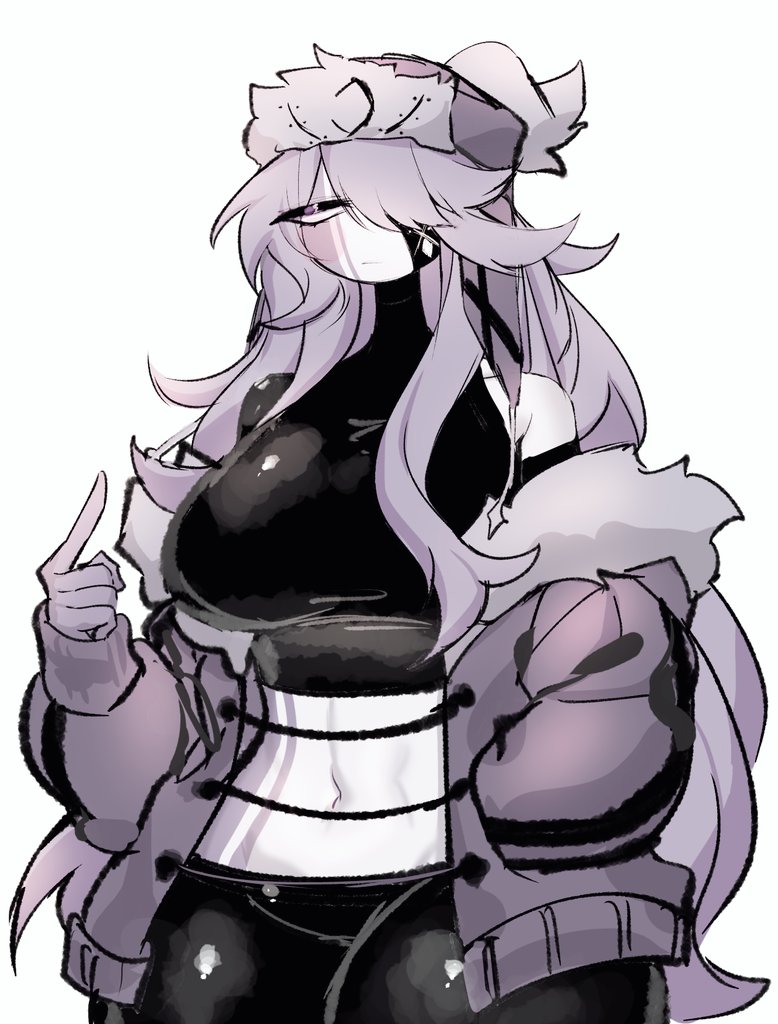 annoyed breasts colored_skin crop_top friday_night_funkin&#039; fur-trimmed_jacket fur_trim genderswap genderswap_(mtf) grey_hair grey_skin hand_in_pocket jacket large_breasts leggings long_hair looking_at_viewer messy_hair midriff multicolored_skin navel one_eye_covered open_clothes open_jacket parka ruvyzvat_(friday_night_funkin&#039;) thick_thighs thighs usa37107692 very_long_hair white_eyes white_skin wide_hips