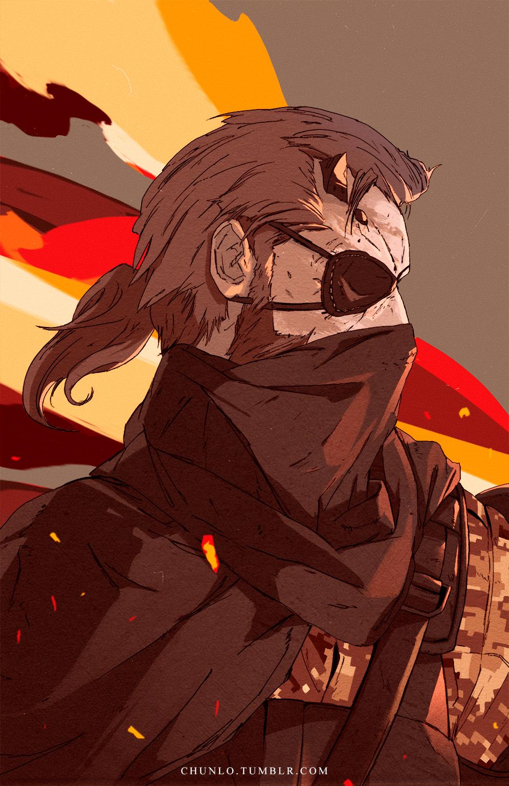 1boy artist_name bandana bandana_over_mouth beard brown_hair camouflage chun_lo embers eyepatch facial_hair highres horns male_focus metal_gear_(series) metal_gear_solid_v:_the_phantom_pain military military_fatigues military_uniform ponytail single_horn solo tumblr_username upper_body venom_snake
