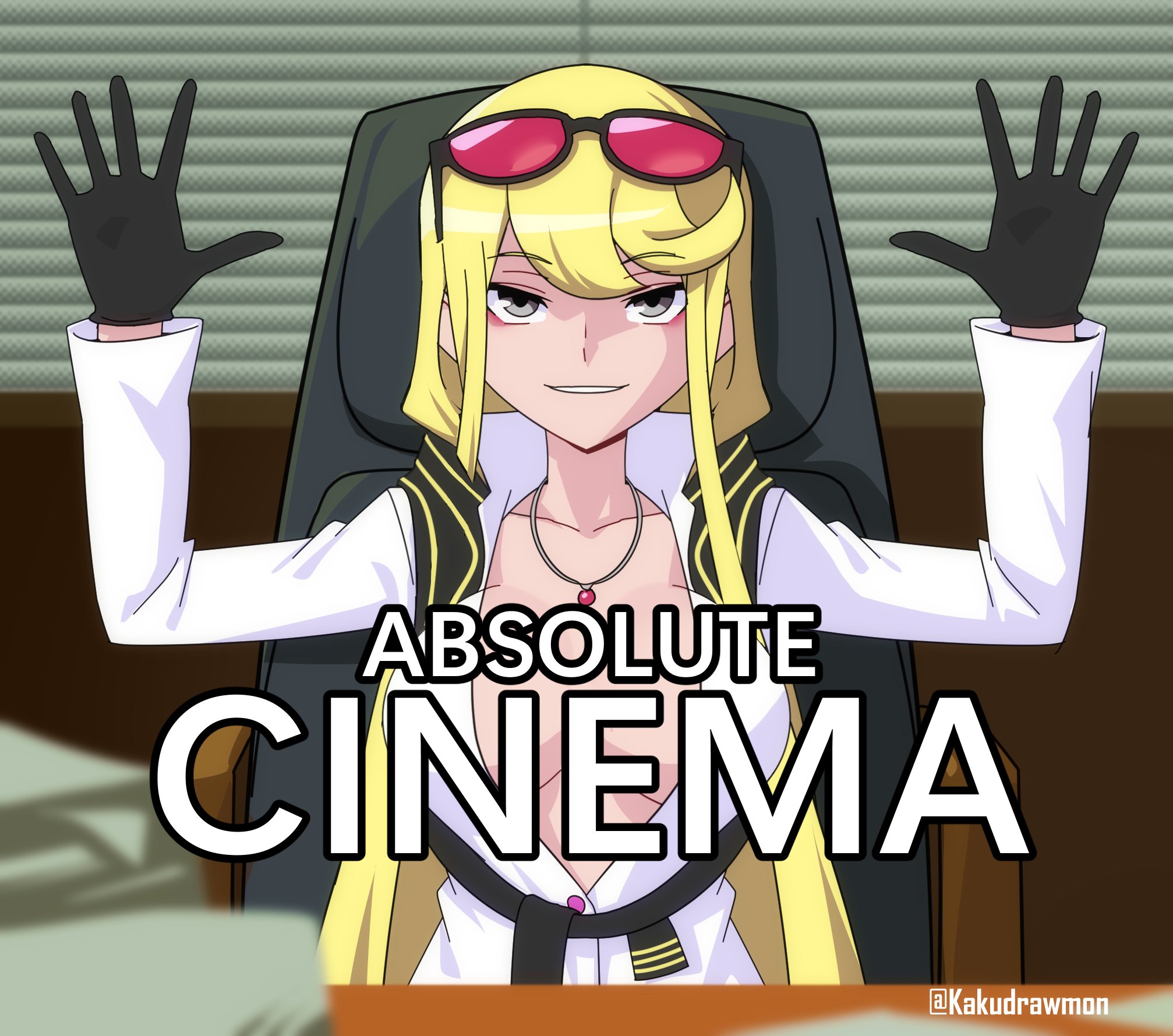 black_eyes blonde_hair breasts digimon digimon_story:_cyber_sleuth eyewear_on_head gloves highres kakudrawmon kuremi_kyouko long_hair looking_at_viewer meme smile teeth