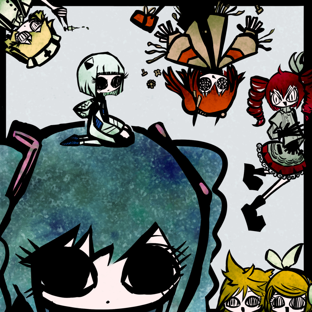 &lt;o&gt;_&lt;o&gt; 1boy 6+girls a.i._voice adachi_rei black_boots black_eyes black_gloves blonde_hair blunt_bangs blunt_ends boots brown_jacket cevio chibi closed_mouth commentary_request dot_mouth drill_hair expressionless gears giant giantess gloves grey_background grey_jacket grey_skirt hair_ribbon hat hatsune_miku holding holding_syringe jacket kafu_(cevio) kagamine_len kagamine_rin kamitsubaki_studio kasane_teto kasane_teto_(sv) long_hair long_sleeves looking_at_viewer multiple_girls nurse_cap nurse_robot_type_t one_side_up open_mouth patterned_hair ribbon screw seiza shoes short_hair simple_background sitting size_difference skirt smile sneakers spiked_hair swept_bangs synthesizer_v syringe tsurizashiki twin_drills twintails utau v-shaped_eyebrows v-shaped_eyes vocaloid white_hair white_jacket white_ribbon