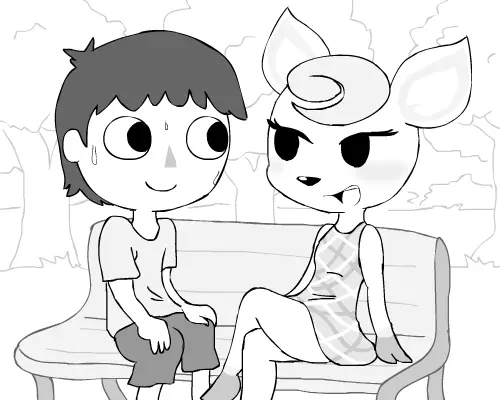 1boy 1girl alfa995 animal_crossing animal_ears animated animated_png bench crossed_legs deer deer_ears deer_girl deer_tail diana_(animal_crossing) legs looking_at_another lowres monochrome nervous nervous_sweating nintendo on_bench sitting sweat tail talking tree villager_(animal_crossing)