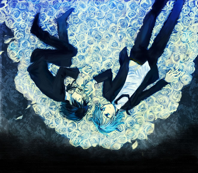 2boys bed_of_roses black_hair blonde_hair blue_eyes bow darren_shan flower multiple_boys necktie petals rose short_hair skn_nks smile steve_leonard the_saga_of_darren_shan white_rose