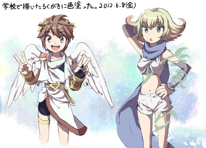 1boy 1girl :d :o ancient_greek_clothes androgynous angel angel_wings arm_behind_head arm_up arm_vines azumi_(tks-sd) belt bike_shorts_under_skirt black_shorts blonde_hair blue_background blue_scarf bracer breasts brown_belt dated double_v feathered_wings fingerless_gloves gloves greco-roman_clothes hand_on_own_hip hand_up kid_icarus kid_icarus_uprising long_scarf male_focus medium_breasts nintendo open_mouth pale_skin phosphora pit_(kid_icarus) plant red_trim scarf short_hair short_shorts shorts sidelocks single_fingerless_glove smile teeth upper_teeth_only v vines white_shorts white_wings wings