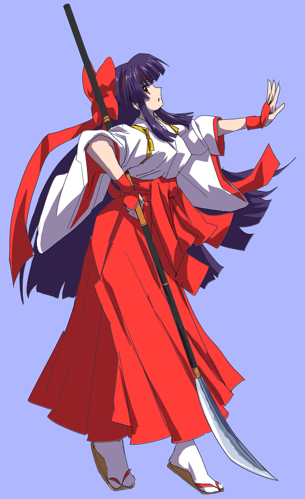 1girl artist_request asuka_120_percent breasts feet fighting_stance fingerless_gloves from_side gloves hair_ribbon highres japanese_clothes large_breasts legs long_hair long_skirt miko naginata outstretched_arm owada_nana parted_lips polearm purple_hair red_eyes ribbon serious skirt socks solo source_request thighs very_long_hair weapon