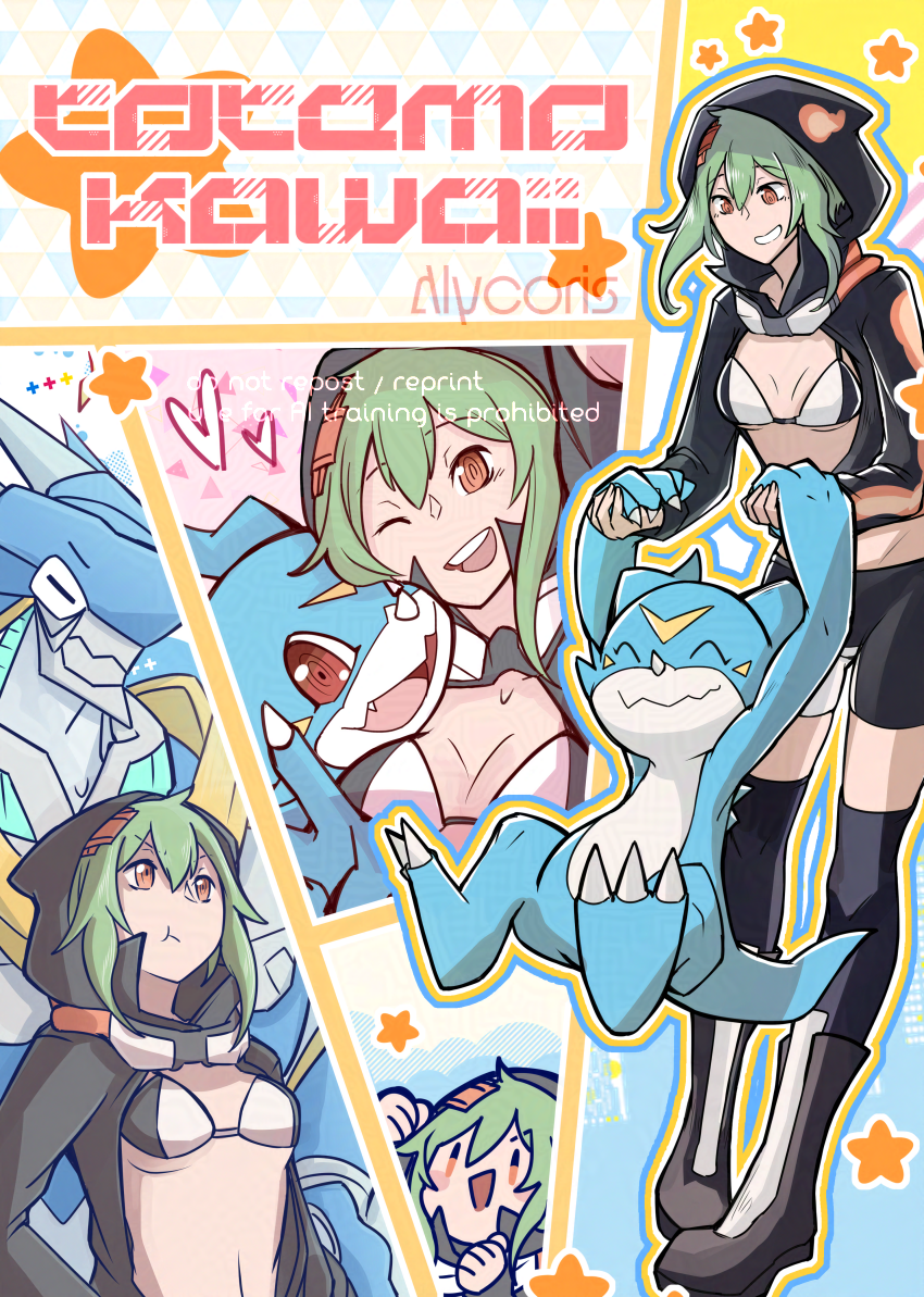 1girl :d :t ;d alycoris artist_name bike_shorts bikini bikini_top_only black_bikini black_boots black_jacket black_shorts black_socks blue_skin boots breasts chibi claws cleavage closed_eyes closed_mouth colored_skin commentary_request digimon digimon_(creature) digimon_world_re:digitize dragon full_body goggles goggles_around_neck green_hair grin hair_between_eyes hair_ornament heart holding_digimon hood hood_up hooded_jacket horns jacket knee_boots long_sleeves looking_at_another looking_at_viewer medium_breasts multicolored_bikini navel one_eye_closed open_mouth orange_eyes outline over-kneehighs partially_unzipped pout red_eyes romaji_text shinomiya_rina short_hair short_hair_with_long_locks shorts sidelocks smile socks standing star_(symbol) stomach swimsuit teeth thighhighs two-tone_bikini ulforcev-dramon upper_body upper_teeth_only v-mon watermark white_bikini x_hair_ornament