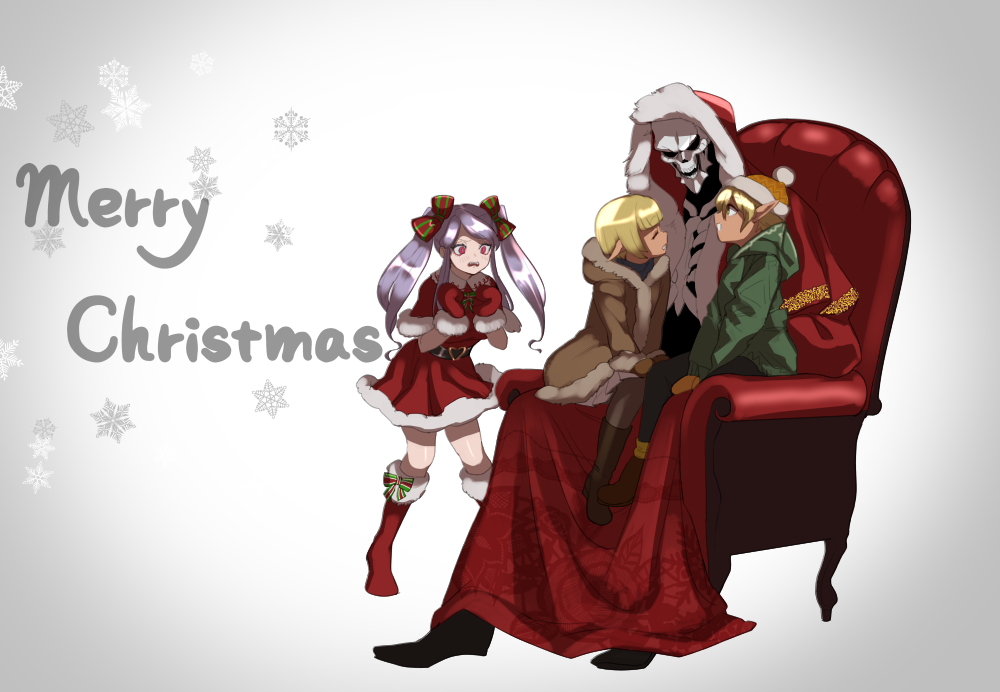 2boys 2girls ainz_ooal_gown aura_bella_fiora beanie belt black_belt blonde_hair blunt_bangs boots bow brown_boots brown_jacket brown_mittens buckle capelet chair christmas closed_eyes commentary_request dark_elf dress elf envy full_body fur-trimmed_capelet fur-trimmed_dress fur-trimmed_jacket fur-trimmed_mittens fur-trimmed_robe fur_trim green_bow green_jacket hair_bow hands_up hat heart heart-shaped_buckle hood hooded_jacket hooded_robe jacket knee_boots lich long_hair mare_bello_fiore masiro merry_christmas mittens multiple_boys multiple_girls multiple_hair_bows no_socks open_mouth overlord_(maruyama) pointy_ears pom_pom_(clothes) pom_pom_beanie purple_hair red_boots red_bow red_capelet red_dress red_eyes red_mittens red_robe robe santa_costume santa_dress shalltear_bloodfallen short_hair siblings sidelocks simple_background sitting sitting_on_lap sitting_on_person skeleton snowflake_print snowflakes standing striped_bow throne trap twins twintails two-tone_bow vampire white_background yellow_headwear yellow_mittens