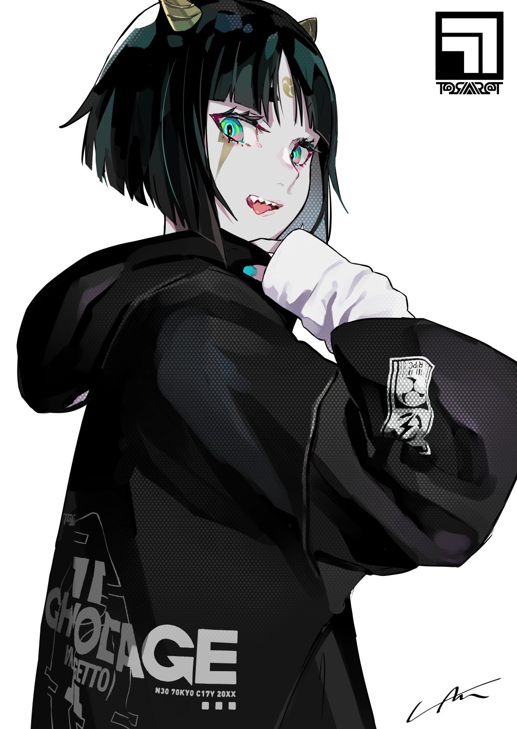 1girl adjusting_hood aqua_eyes black_hair blue_nails blunt_bangs blunt_ends bob_cut clothes_writing colored_skin commentary cowboy_shot english_commentary english_text eyelashes from_behind gradient_eyes grey_skin highres hood hood_down hooded_jacket horns jacket lam_(ramdayo) layered_sleeves lightning_bolt_facial_mark long_sleeves looking_at_viewer marking_on_cheek multicolored_eyes nail_polish open_mouth original parted_bangs pink_eyes sharp_teeth short_hair signature simple_background sleeves_past_wrists small_horns smile solo sweater teeth tongue upper_teeth_only watermark white_background white_jacket white_sweater yellow_horns