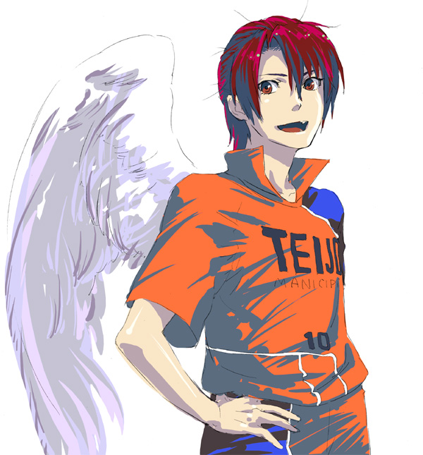 1boy amagai_rihito angel_wings hand_on_own_hip leuco light_wing looking_at_viewer male_focus open_mouth orange_shirt red_eyes red_hair shirt simple_background soccer_uniform solo sportswear upper_body white_background wings