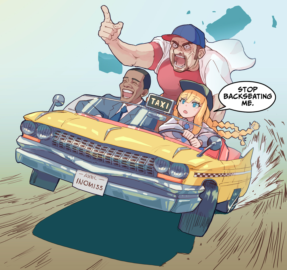 1girl 2boys anger_vein angry barack_obama blonde_hair blue_eyes braid character_request commentary crazy_taxi driving english_commentary english_text hair_ribbon index_finger_raised isla_coleman lao_ren_xing laughing long_hair long_sleeves multiple_boys necktie open_mouth production_kawaii puffy_sleeves real_life ribbon taxi twin_braids vehicle_focus very_long_hair virtual_youtuber