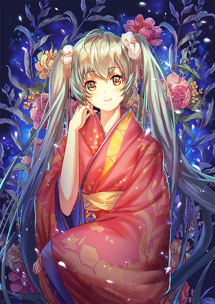1girl female_focus floating_hair flower green_hair hair_between_eyes hair_ornament haitang hatsune_miku japanese_clothes kimono long_hair long_sleeves looking_at_viewer print_kimono red_flower red_kimono smile solo standing twintails very_long_hair vocaloid wide_sleeves yellow_eyes yellow_flower