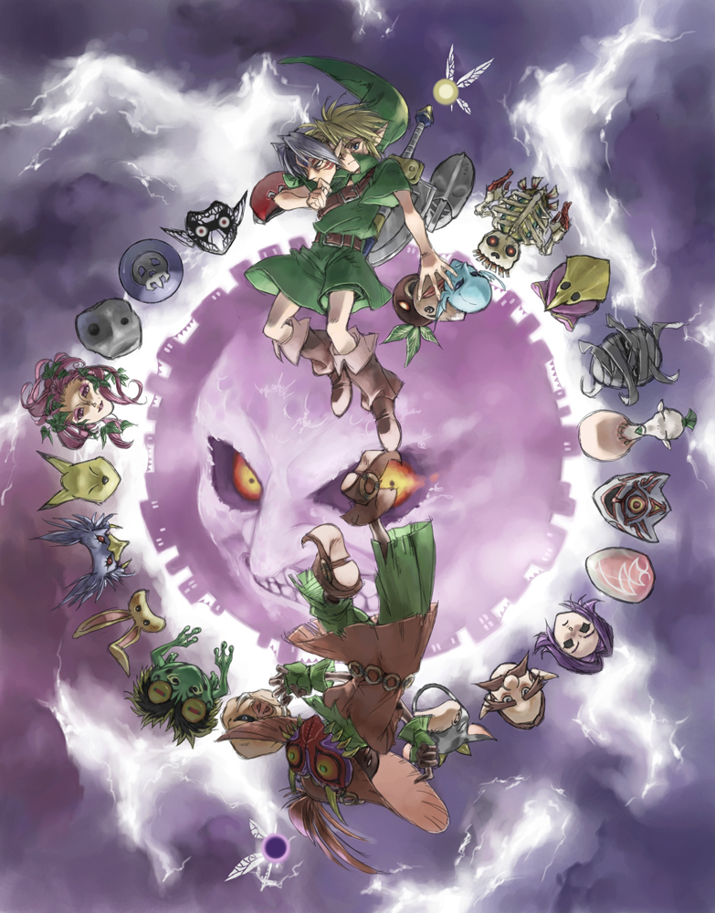 2boys antique_(artist) blonde_hair boots elf hat light link majora_(entity) mask moon multiple_boys nintendo pointy_ears shield skull_kid strap sword tael tatl the_legend_of_zelda the_legend_of_zelda:_majora&#039;s_mask weapon young_link