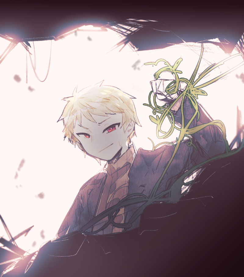 1boy :/ atou_haruki black_jacket blonde_hair brown_sweater clenched_hand closed_mouth commentary_request florakinesis havel jacket long_sleeves male_focus open_clothes open_jacket red_eyes red_pupils ribbed_sweater saibou_shinkyoku short_hair solo sweat sweater turtleneck turtleneck_sweater