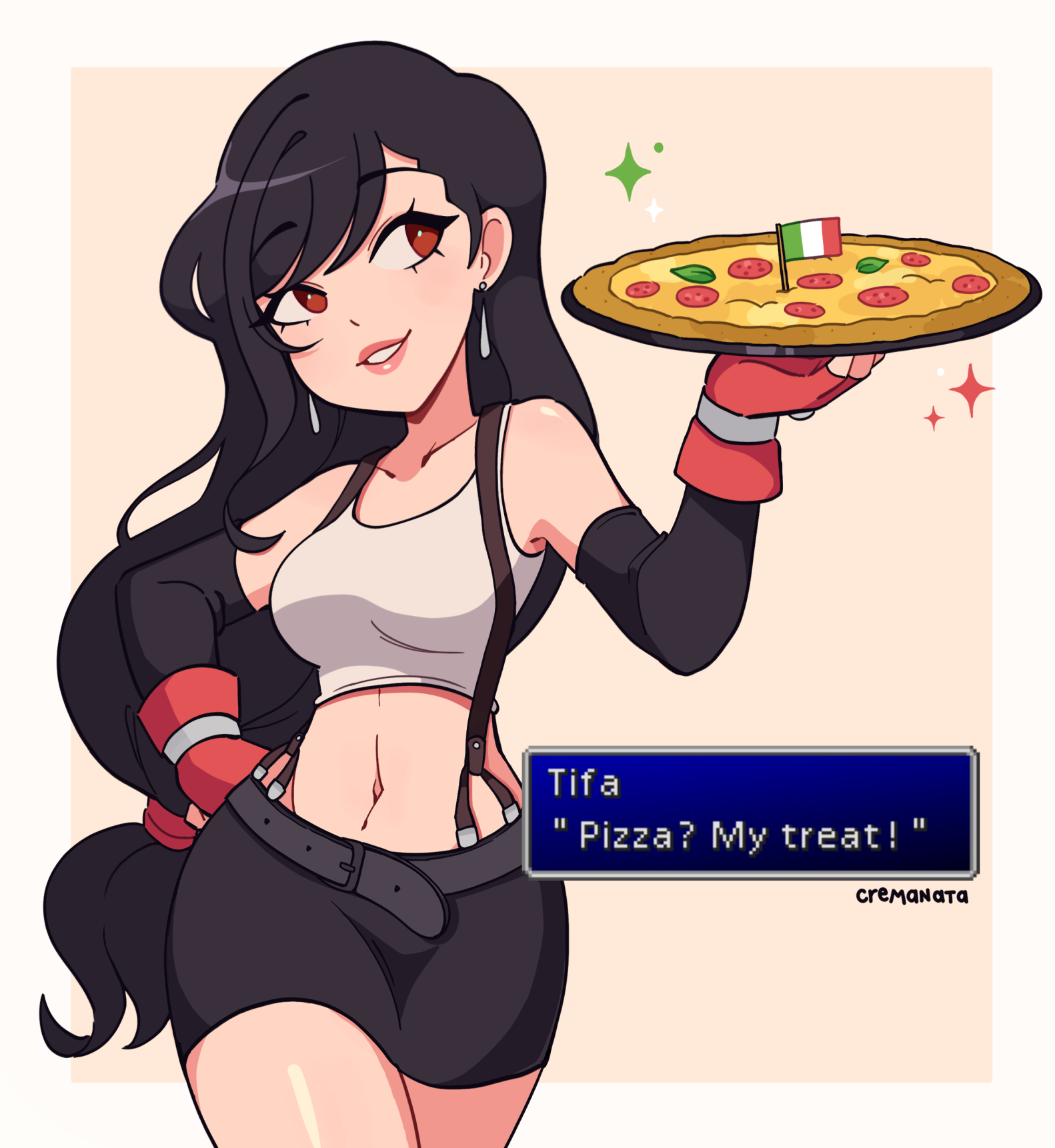 1girl bare_shoulders black_hair black_skirt brown_eyes collarbone commentary cowboy_shot cremanata crop_top detached_sleeves english_commentary english_text final_fantasy final_fantasy_vii fingerless_gloves food gloves hand_on_own_hip hand_up highres holding holding_plate italian_flag italian_senate_porn_livestream_(meme) lips long_hair looking_to_the_side low-tied_long_hair meme microskirt midriff navel parted_lips pencil_skirt pizza plate skirt smile solo square_enix stomach suspender_skirt suspenders tank_top taut_clothes tifa_lockhart very_long_hair white_tank_top