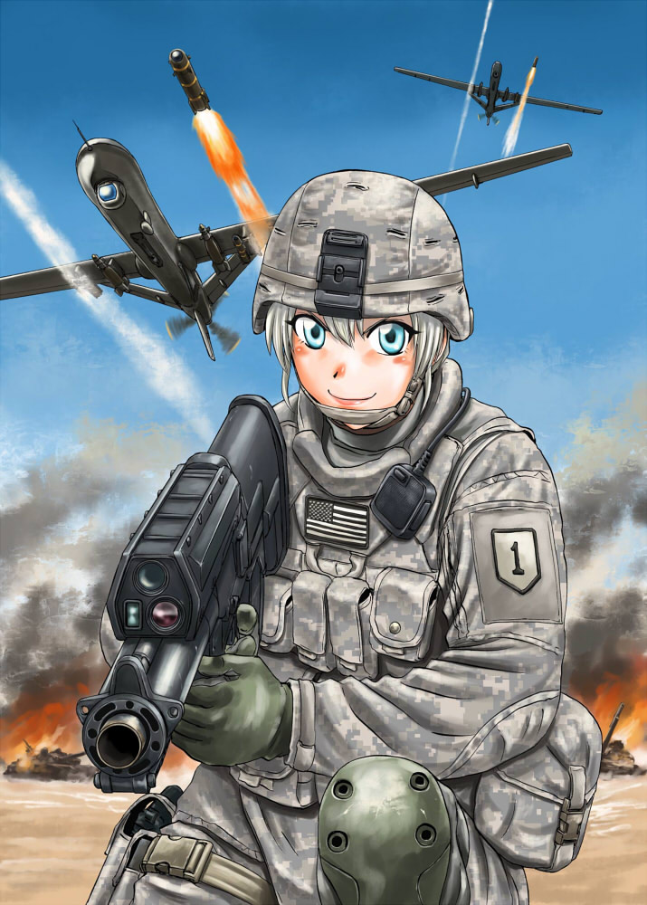 1girl aerial_bomb agm-114_hellfire air-to-surface_missile airburst_grenade_launcher aircraft alliant_techsystems american_flag anti-tank_guided_missile anti-tank_missile artist_name blue_eyes blush bulletproof_vest bullpup camouflage computerized_scope day desert digital_camouflage drone exhaust explosion fire flying gbu-12_paveway_ii general-purpose_bomb general_atomics_aeronautical_systems grenade_launcher grey_hair guided_bomb gun handgun heckler_&amp;_koch helmet holding holding_gun holding_weapon holster iraq_war kneeling l-3_ios_brashear laser-guided_bomb lens long_gun looking_at_viewer m-3_predator military military_program military_uniform military_vehicle missile motor_vehicle mq-9_reaper official_art oicw_increment_2_(military_program) oicw_increments_(military_program) orbital_atk original paveway pistol precision-guided_firearm precision-guided_munition prototype_design ruins sao_satoru scope semi-automatic_grenade_launcher short_hair sight_(weapon) sky smart_scope smile smoke smoke_trail surface-to-surface_missile tank telescopic_sight united_states_army unmanned_aerial_vehicle unmanned_combat_aerial_vehicle ura_combat_comic war weapon white_hair xm104_(smart_scope) xm25_cdte