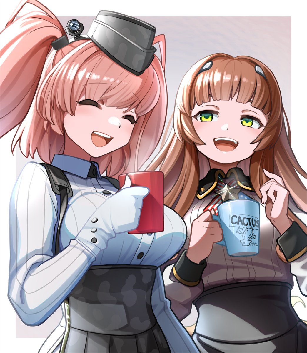 2girls american_flag american_flag_print atlanta_(kancolle) blunt_bangs breasts brown_hair camouflage cup flag_print gloves green_eyes grey_headwear helena_(kancolle) high-waist_skirt highres holding holding_cup kantai_collection large_breasts long_hair long_sleeves medium_breasts mizoki_kei multiple_girls open_mouth puffy_long_sleeves puffy_sleeves shirt skirt smile teeth two_side_up upper_body upper_teeth_only white_gloves white_shirt