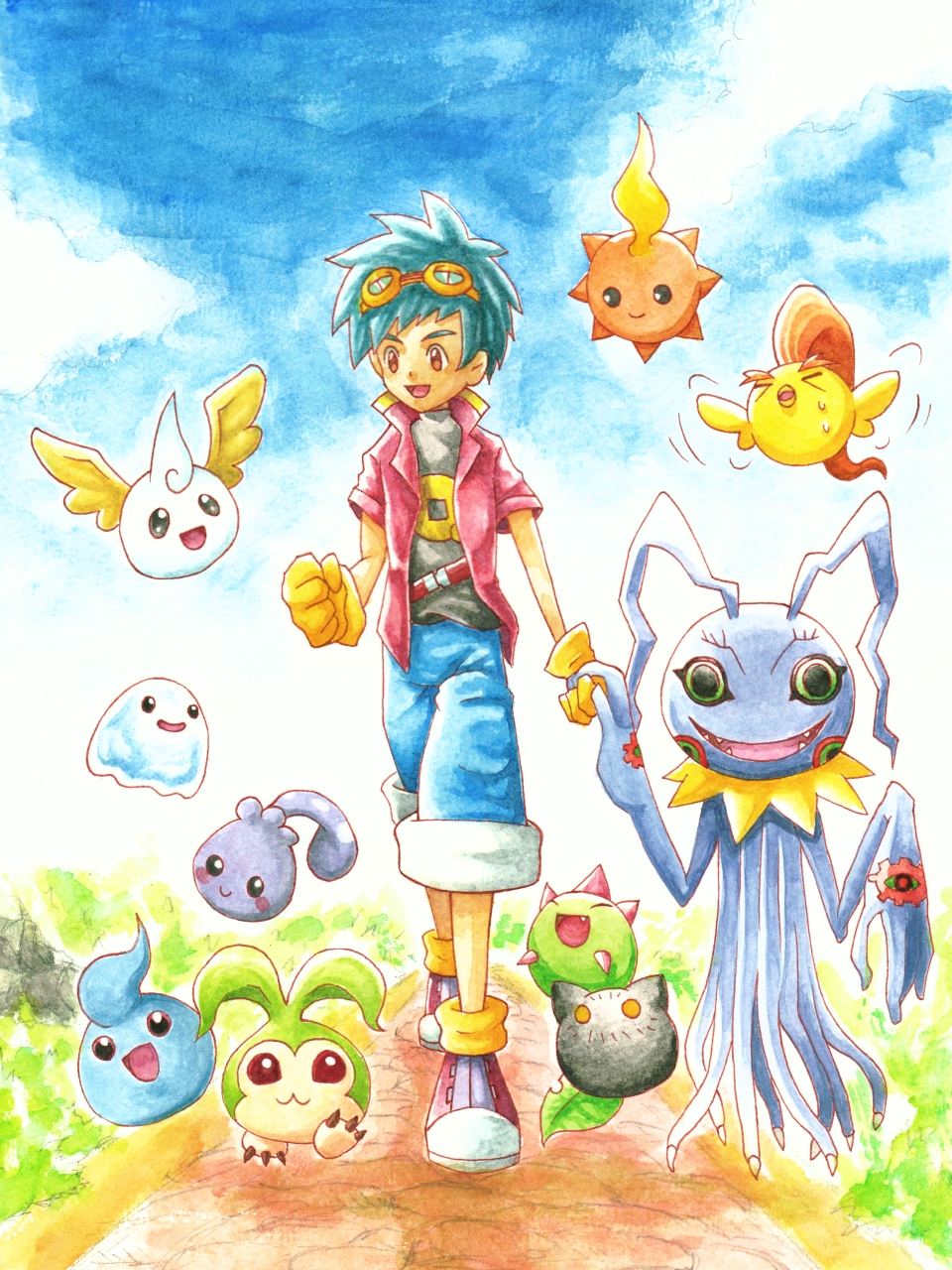 belt botamon chicchimon chicomon digimon digimon_(creature) fangs gloves highres jacket keramon moonmon open_mouth poyomon puttimon shu_(digimon) smile spikes sunmon tanemon tentacles walking