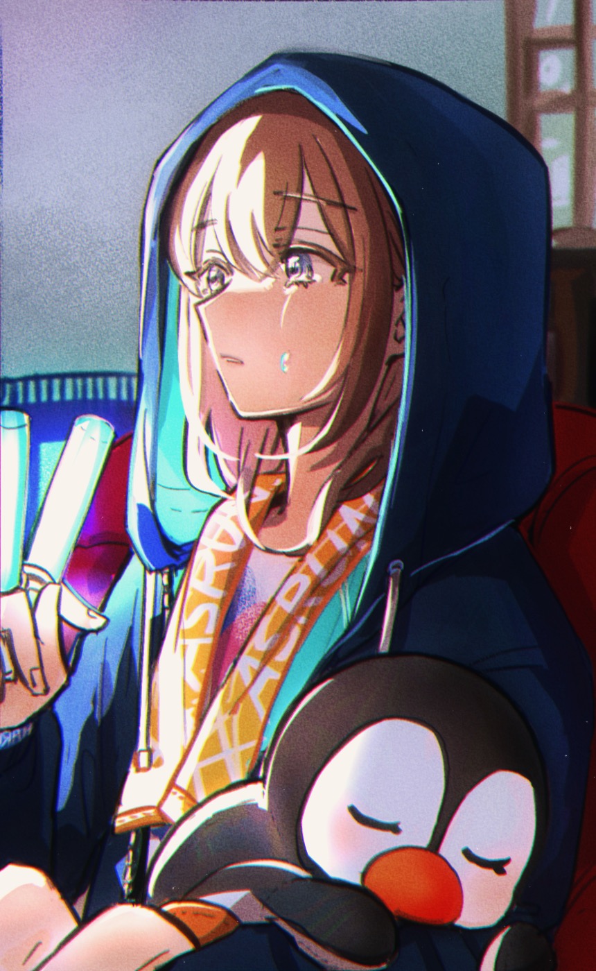 1girl aqua_shirt arched_bangs brown_hair crying crying_with_eyes_open drawstring expressionless eyelashes film_grain fingernails glowstick grey_eyes hair_between_eyes hair_down half-closed_eyes hanasato_minori hand_up highres hood hood_up hooded_jacket jacket looking_afar medium_hair merchandise parted_lips penlight_(glowstick) project_sekai shirt sidelighting sidelocks solo streaming_tears stuffed_animal stuffed_penguin stuffed_toy t-shirt ta07 tears three_quarter_profile towel towel_around_neck