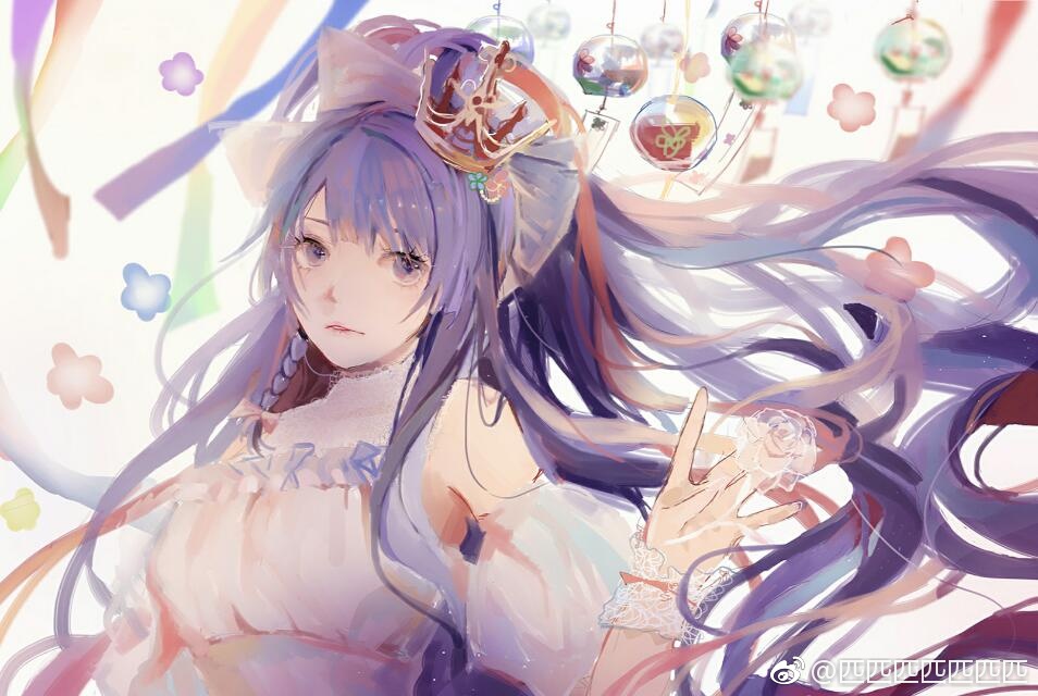 1girl bare_shoulders benghuai_xueyuan blue_flower bow braid chinese_commentary commentary_request crown detached_sleeves dress expressionless eyelashes floating_hair flower frilled_dress frills gold_crown hair_bow high_ponytail honkai_(series) jiaopiupiu lace_wrist_cuffs light_particles long_hair looking_at_viewer mini_crown orange_bow outstretched_hand parted_lips pink_bow pink_flower pink_rose ponytail puffy_short_sleeves puffy_sleeves purple_eyes purple_flower purple_hair raiden_mei red_flower rose see-through_bow short_sleeves sidelocks single_braid sleeveless sleeveless_dress solo streamers upper_body very_long_hair watermark weibo_watermark white_background white_bow white_dress white_sleeves white_wrist_cuffs wind_chime wrist_bow wrist_cuffs yellow_flower