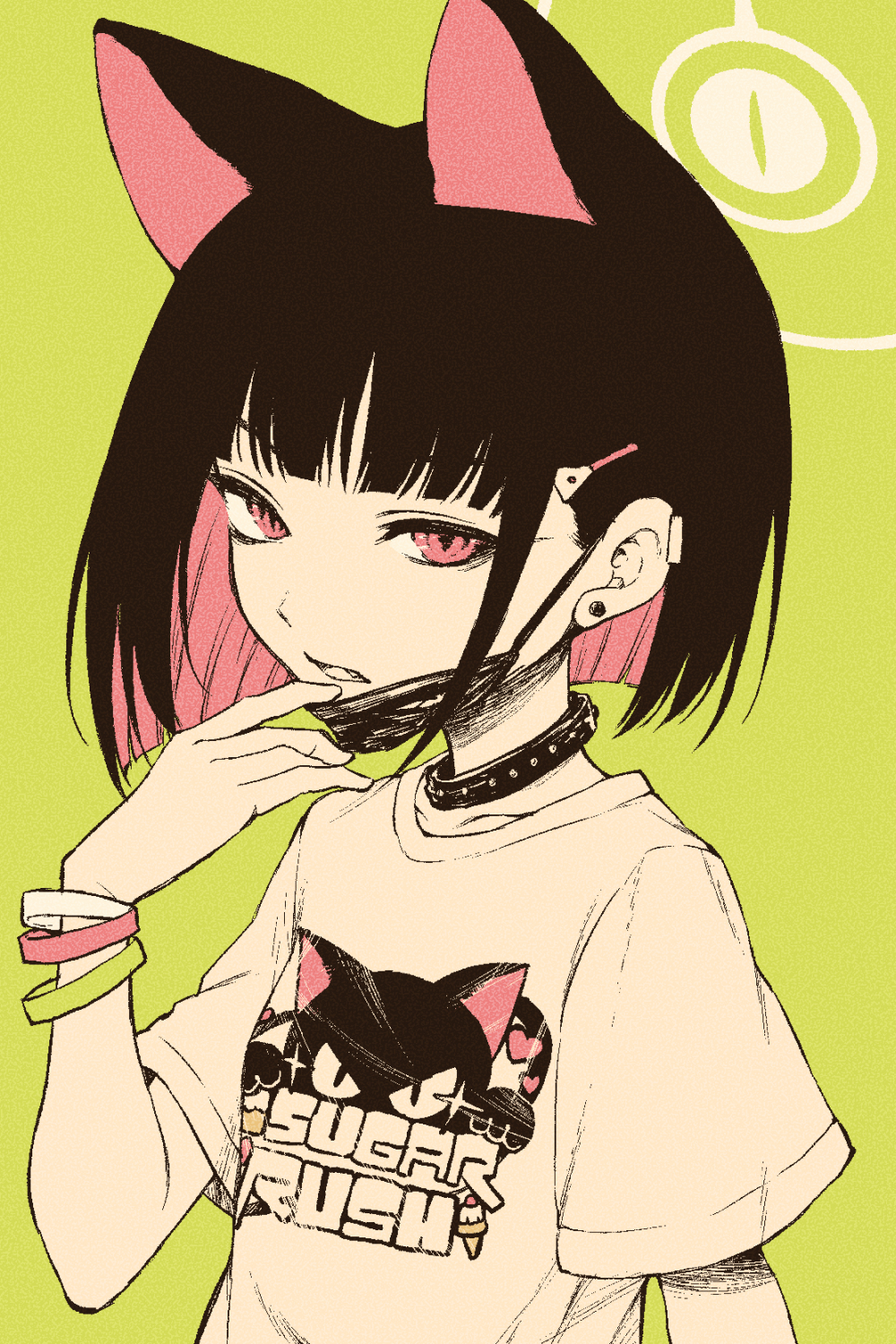 1girl animal_ears black_hair blue_archive cat_ears choker halo haruhito_(divineshalt) highres kazusa_(band)_(blue_archive) kazusa_(blue_archive) limited_palette looking_at_viewer mask_pull multicolored_hair pink_eyes pink_hair shirt short_hair solo two-tone_hair upper_body