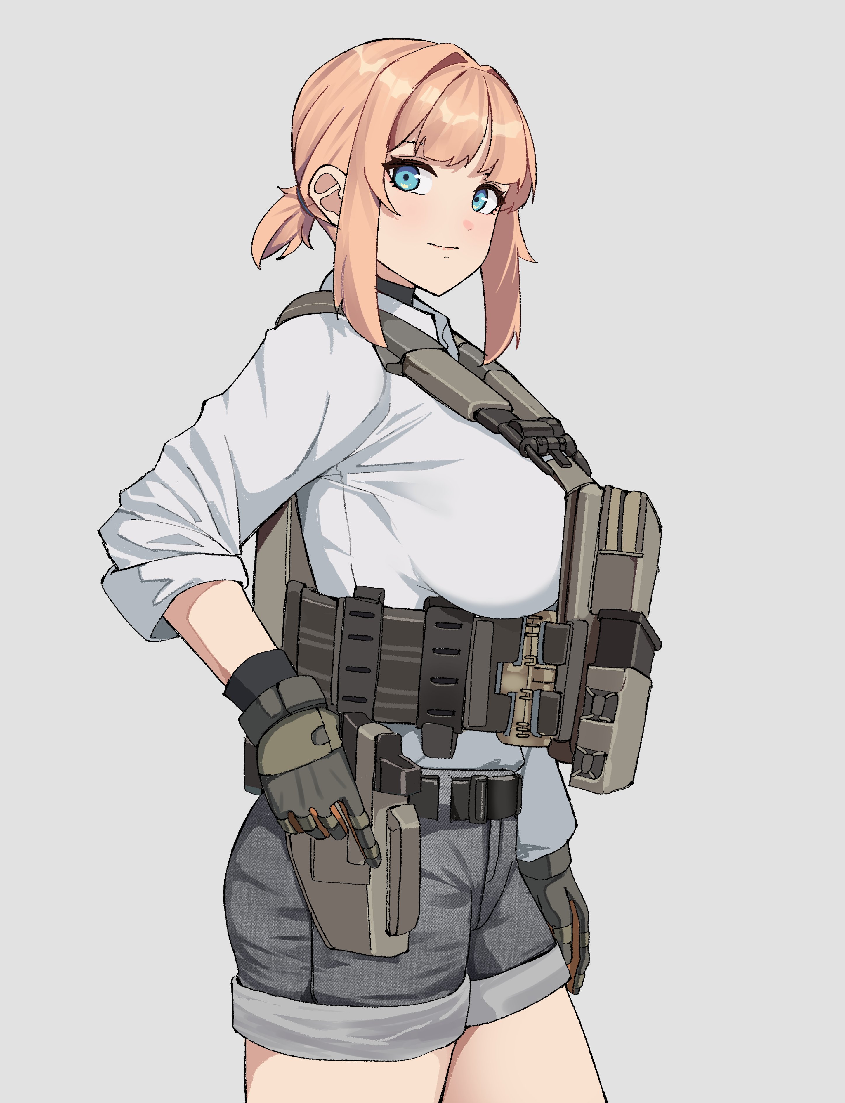 1girl absurdres blonde_hair blue_eyes breasts from_side gar32 gloves grey_background grey_gloves grey_shorts gun handgun highres holster large_breasts looking_at_viewer original shirt shorts smile solo tactical_clothes thigh_holster weapon white_shirt